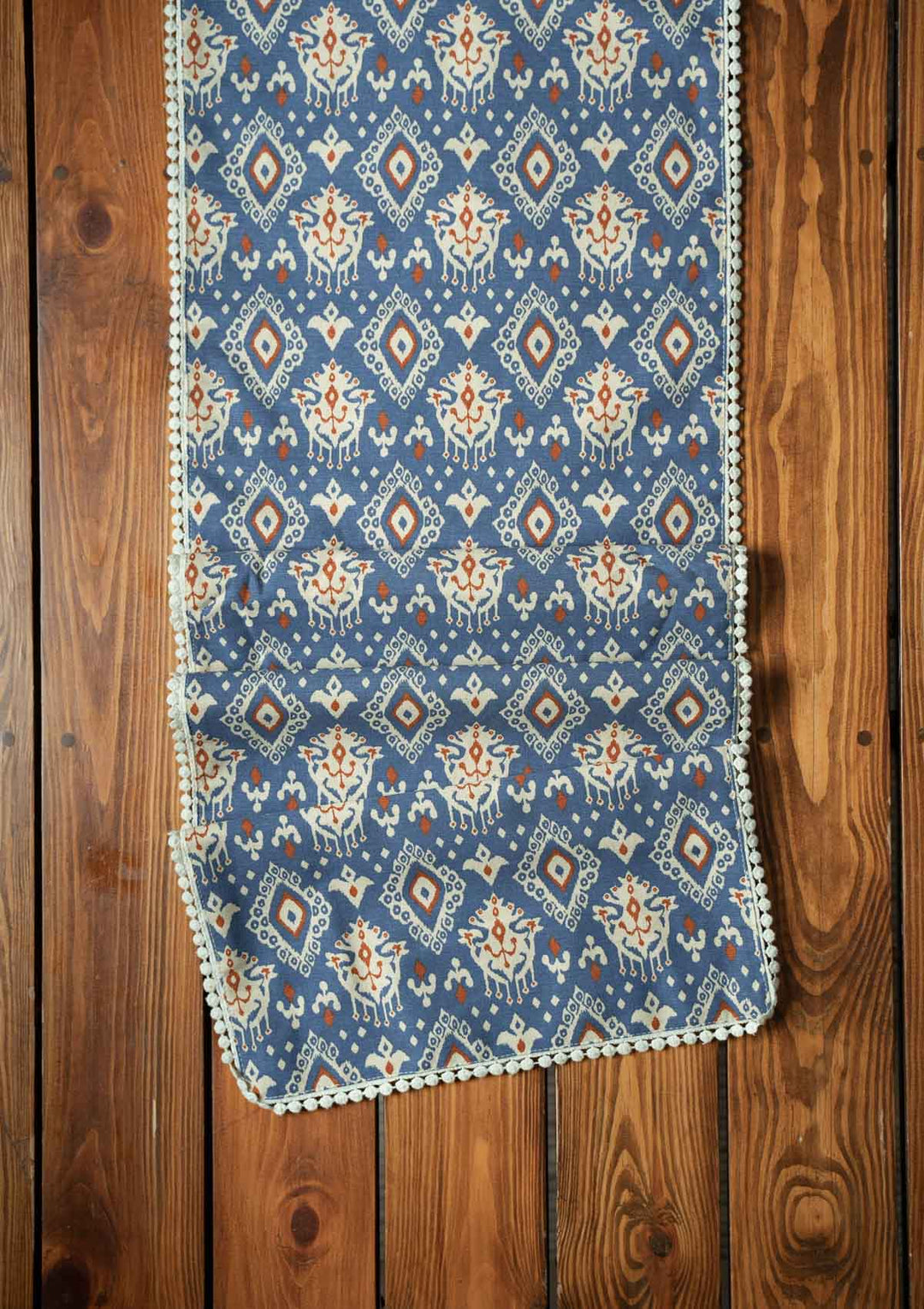 Durbar Ikat Geometric Printed 100% Cotton Table Runner with lace for 4 seater, 6 seater and 8 seater dining - Royal blue and Brick Red | SHOBITAM
