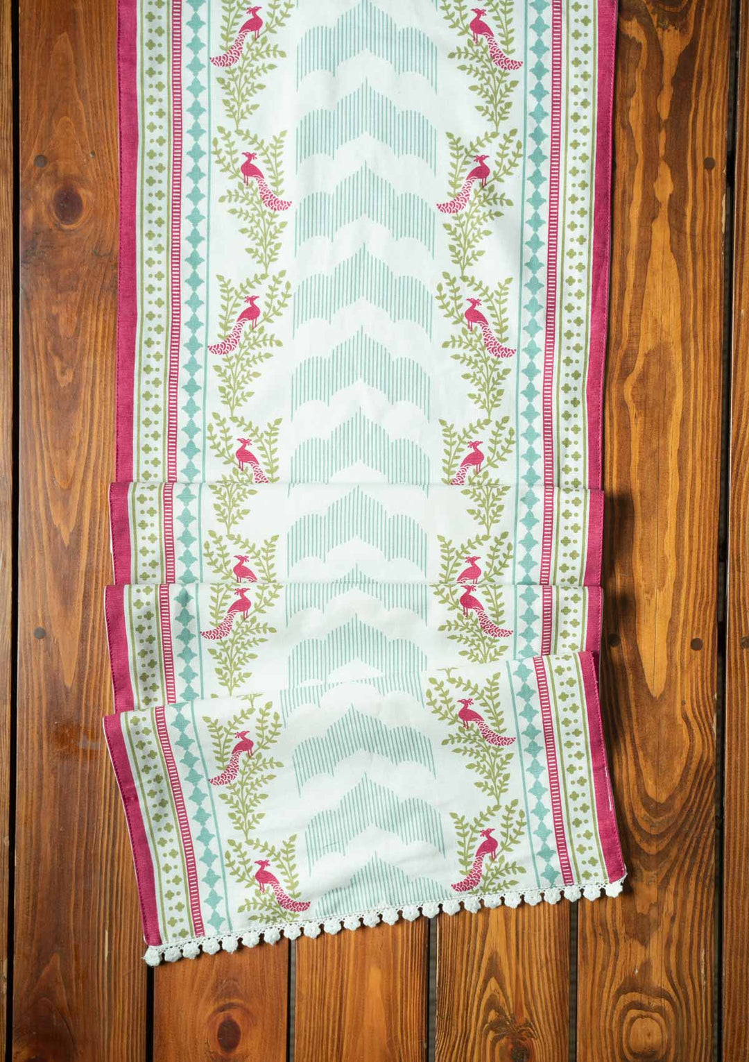 Mor 100% Cotton Table Runner with white Lace for 4 seater and 6 seater dining - Multicolor | SHOBITAM