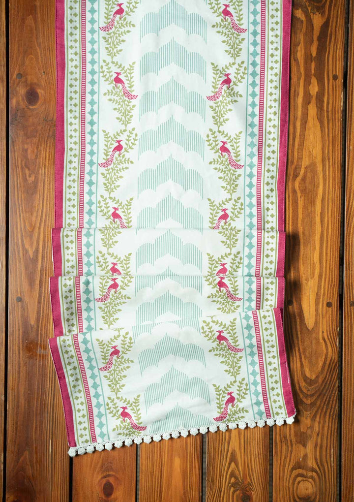Mor 100% Cotton Table Runner with white Lace for 4 seater and 6 seater dining - Multicolor | SHOBITAM