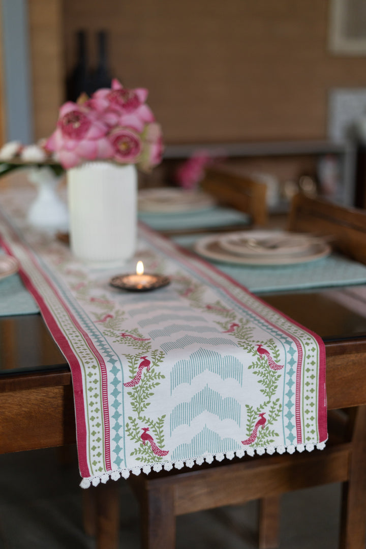 Mor 100% Cotton Table Runner with white Lace for 4 seater and 6 seater dining - Multicolor | SHOBITAM