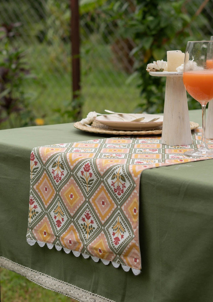 Minakari 100% Cotton Table Runner with scaloop lace for 4 seater and 6 seater dining - Multicolor | SHOBITAM