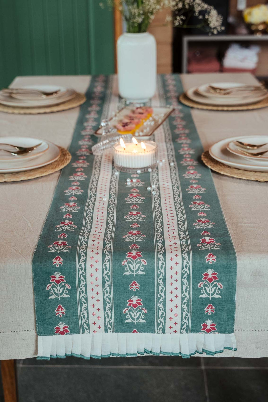Kala 100% Cotton Table Runner with cream lace for 4 seater and 6 seater dining - Multicolor | SHOBITAM