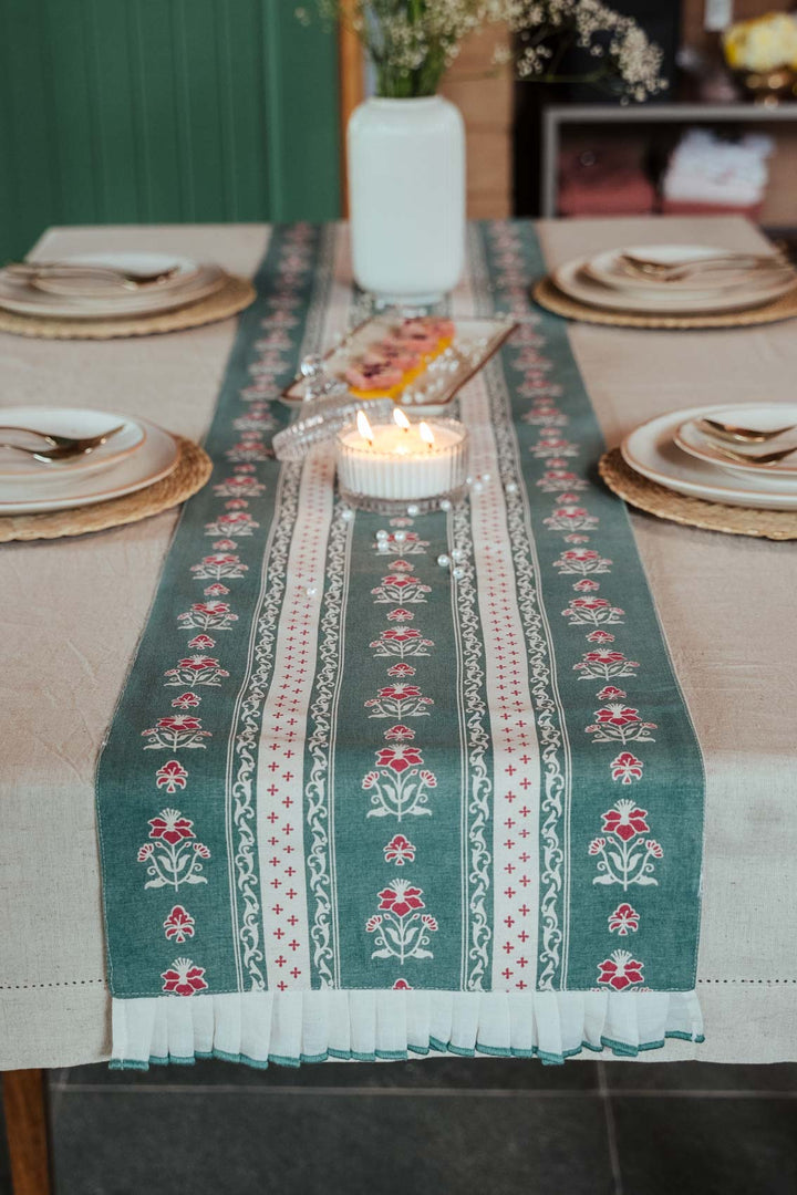 Kala 100% Cotton Table Runner with cream lace for 4 seater and 6 seater dining - Multicolor | SHOBITAM