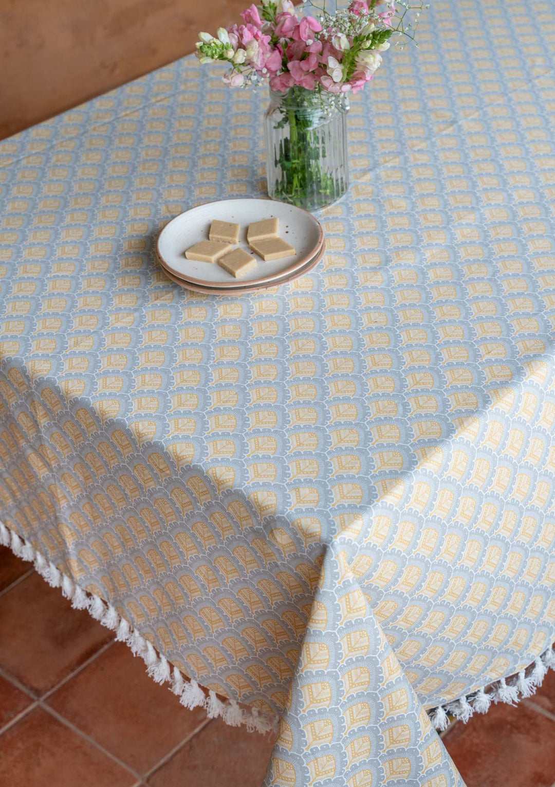 Pakkshi 100% Cotton Printed Yellow and Grey Table Cloth | SHOBITAM