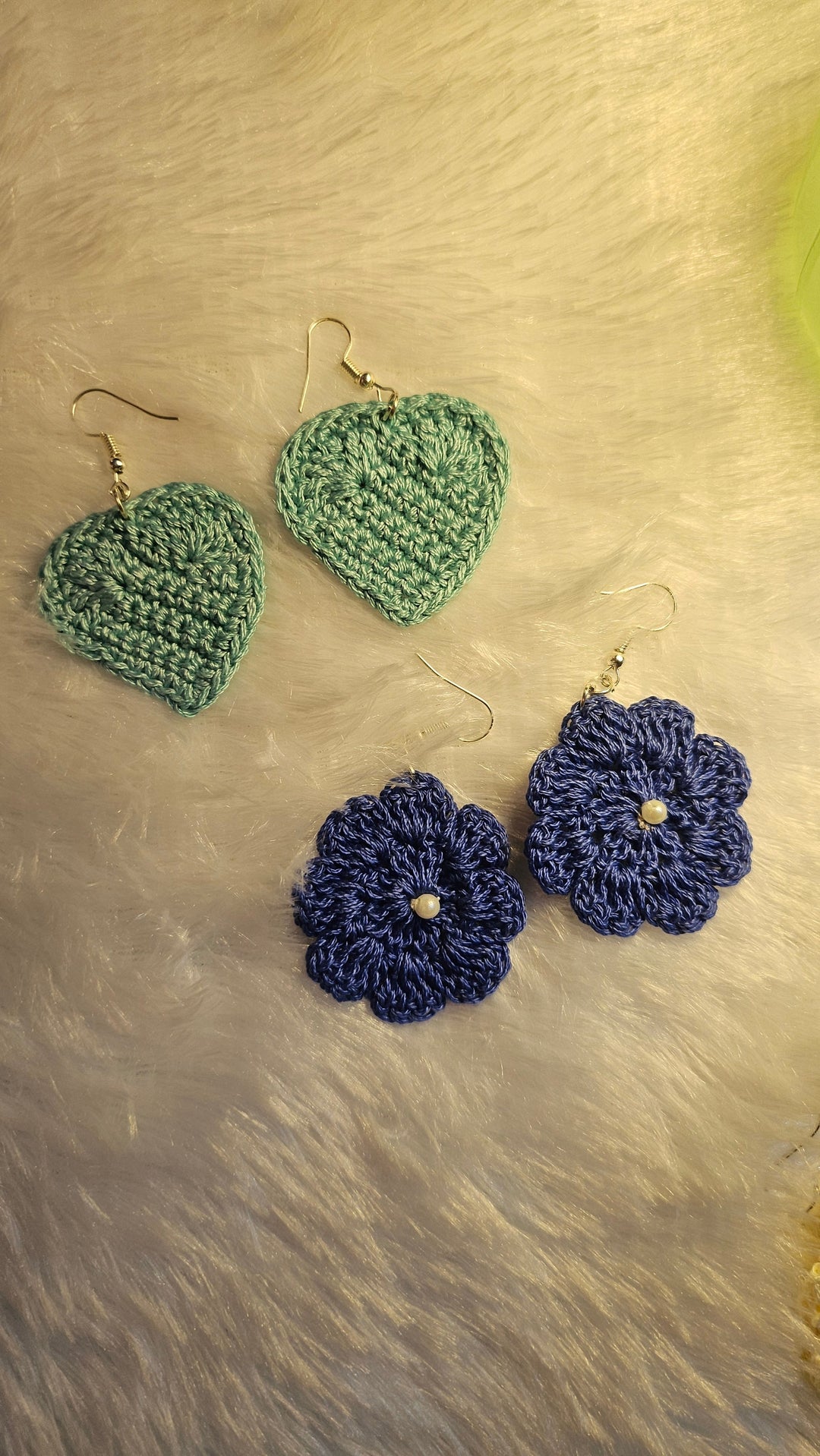 Teal Green and Navy Blue Handcrafted Crochet Flower Drop Earrings (Set of 2) | SHOBITAM