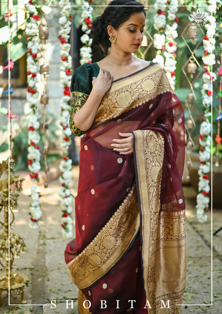 Pure Kora Silk Banarasi Saree in Maroon Dual Tone with Kadhuwa weave zari buttas | SILK MARK CERTIFIED