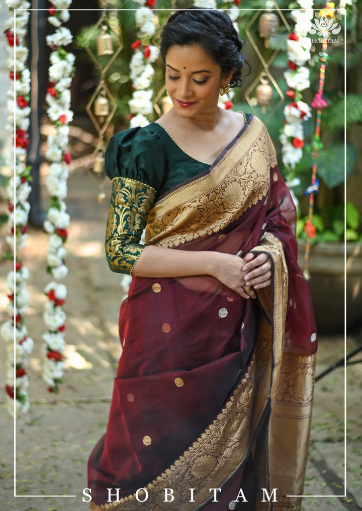 Pure Kora Silk Banarasi Saree in Maroon Dual Tone with Kadhuwa weave zari buttas | SILK MARK CERTIFIED