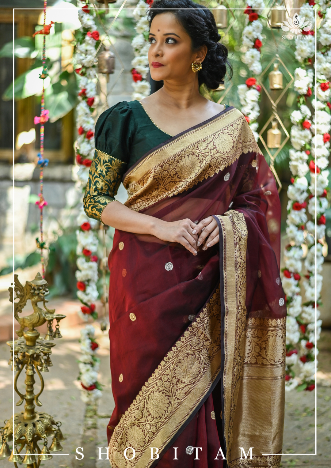 Pure Kora Silk Banarasi Saree in Maroon Dual Tone with Kadhuwa weave zari buttas | SILK MARK CERTIFIED