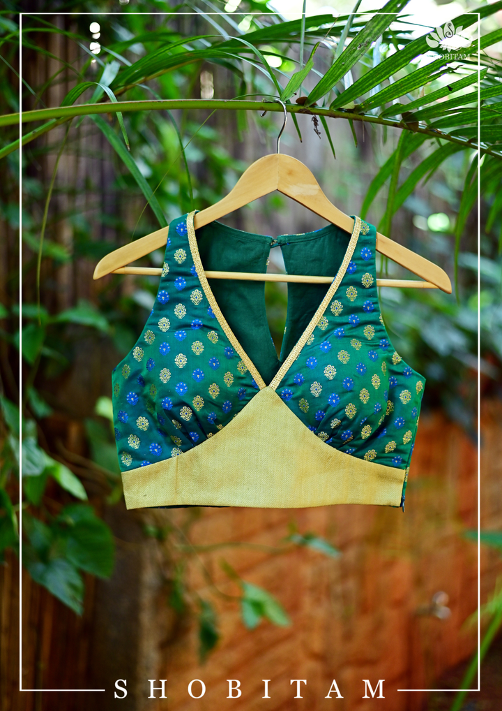 Dark Teal Saree Blouse with buttas and contrasting Gold base