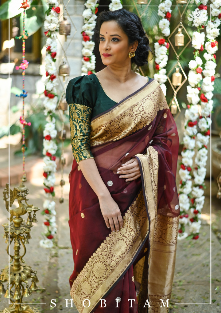 Pure Kora Silk Banarasi Saree in Maroon Dual Tone with Kadhuwa weave zari buttas | SILK MARK CERTIFIED