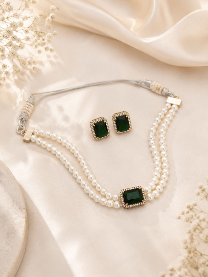 Minimal Oxidised Gold Emerald Pearl Choker Set | SHOBITAM