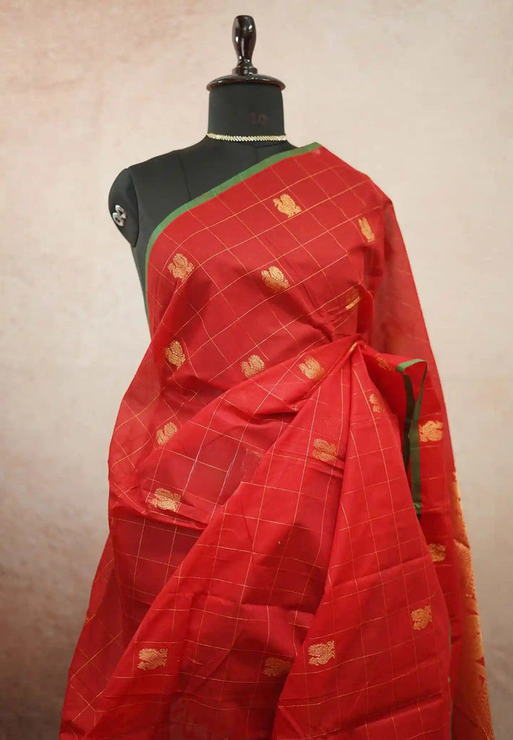 Semi Silk Chilli Red Saree with Zari buttas | SHOBITAM