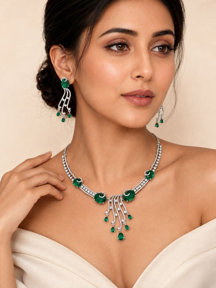 Silver Tone Cz Ruby Emerald and American Diamond Necklace Set | SHOBITAM