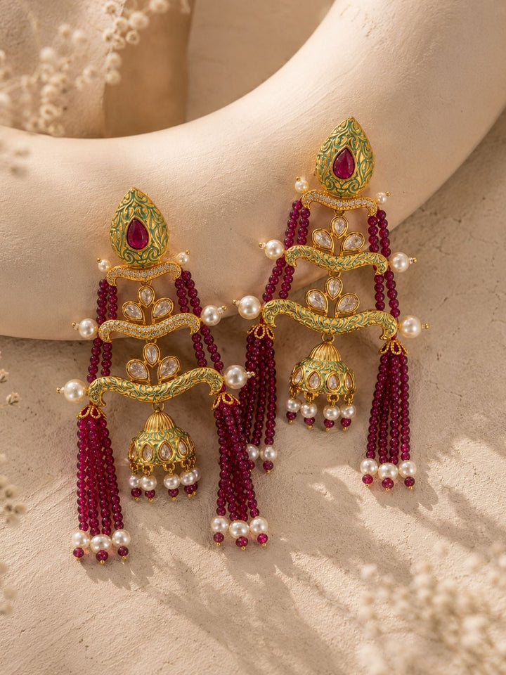 Royal Pink Beaded Jhumka Tassel Earrings – Traditional Kundan Statement Earrings | SHOBITAM