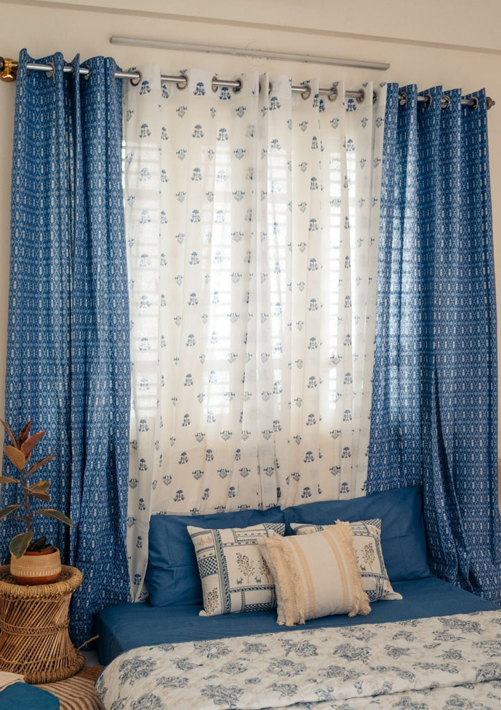 Sunbird 100% cotton floral sheer curtain for living room - Light filtering - Indigo - Single - Single Piece | SHOBITAM