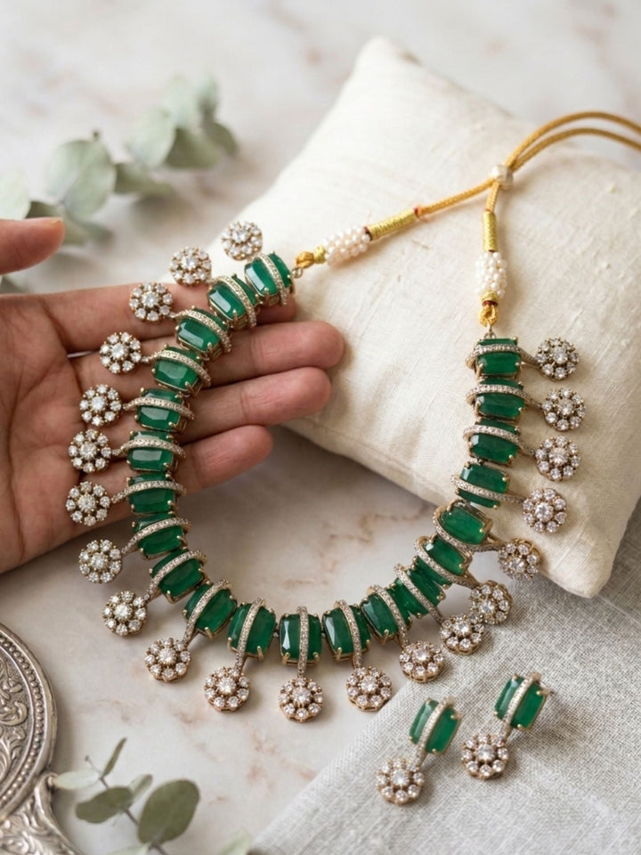 Victorian Emerald Green Necklace Set with Earrings | SHOBITAM