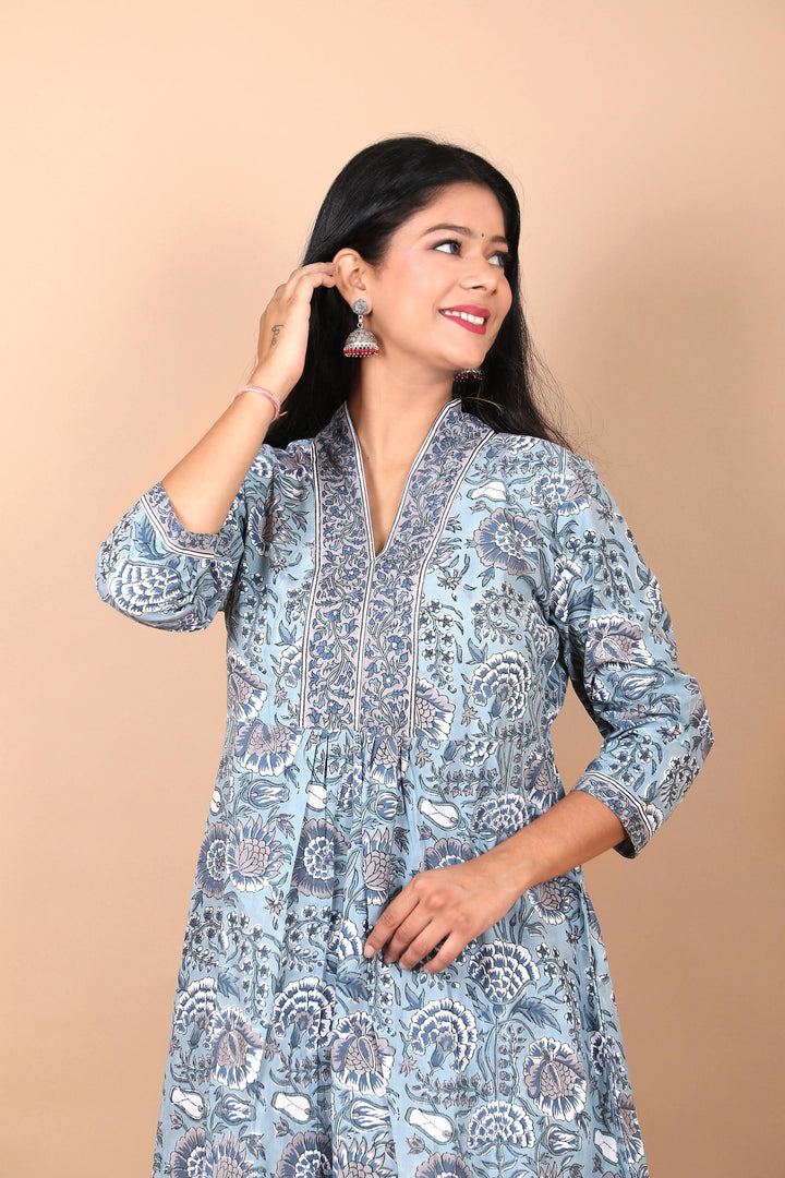 Salwaar Kameez set : Dusty Firozi 3 Piece Hand Block Printed Cotton Suit with mulmul dupatta
