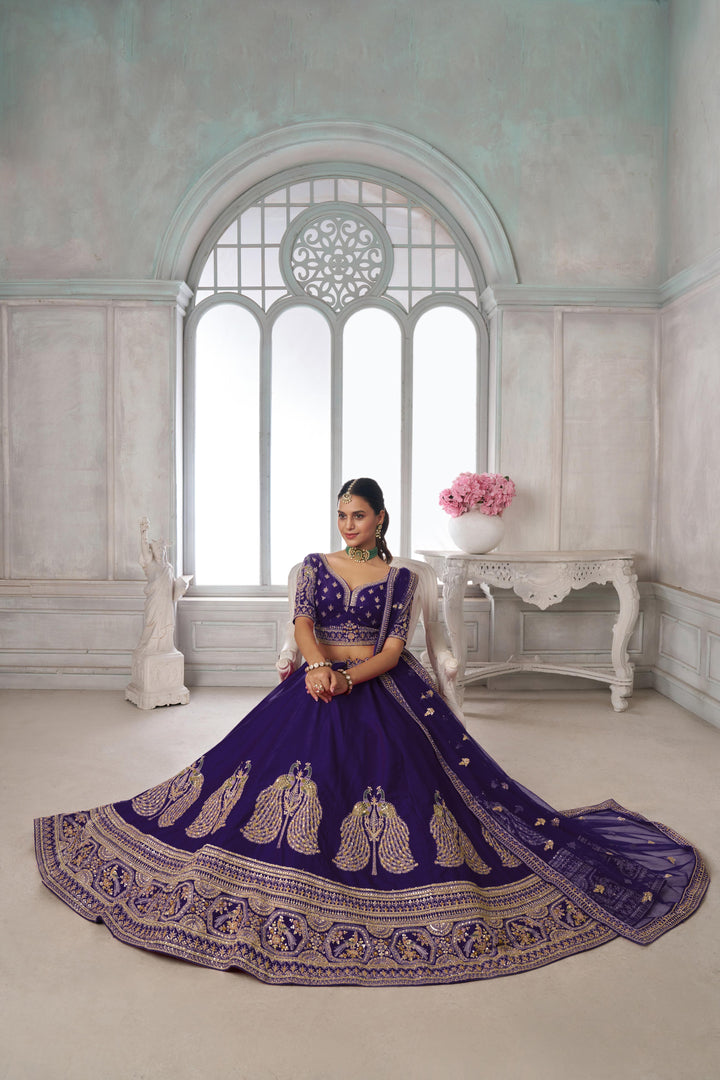 Designer Purple Silk Lehenga Choli with Embroidered Peacock Motifs | SHOBITAM