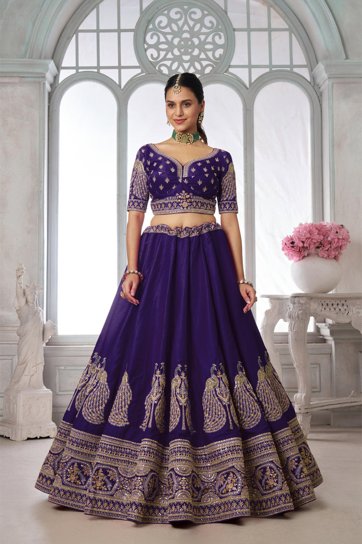 Designer Purple Silk Lehenga Choli with Embroidered Peacock Motifs | SHOBITAM
