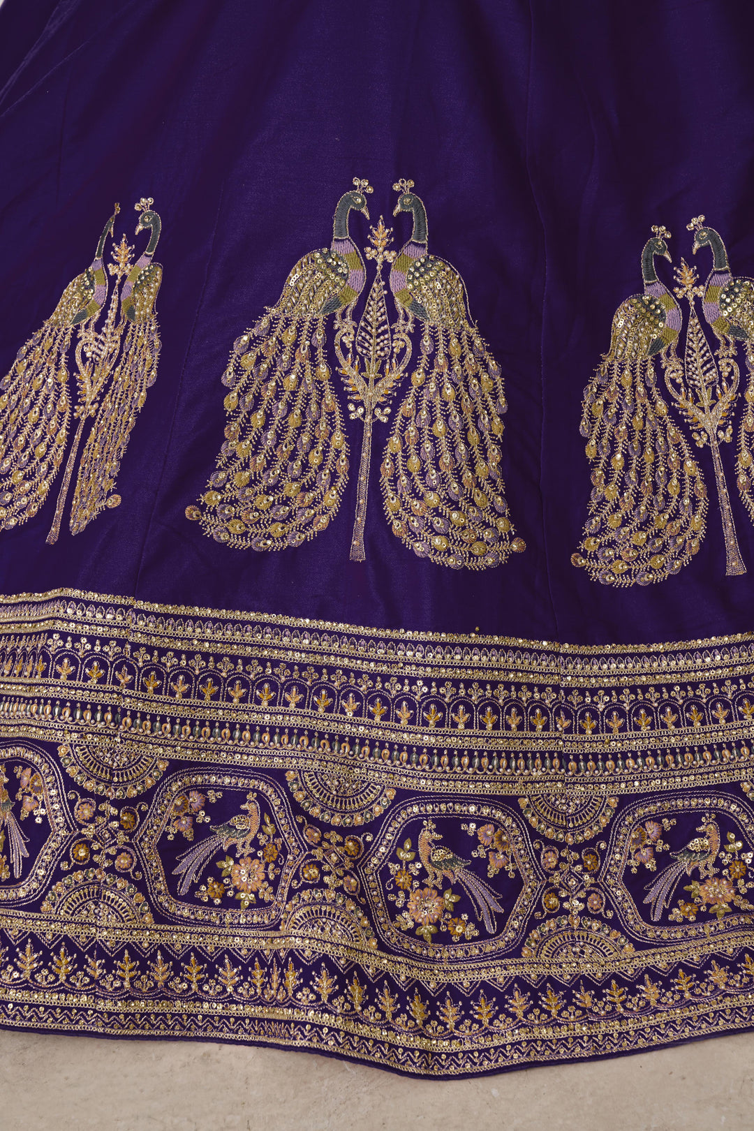 Designer Purple Silk Lehenga Choli with Embroidered Peacock Motifs | SHOBITAM