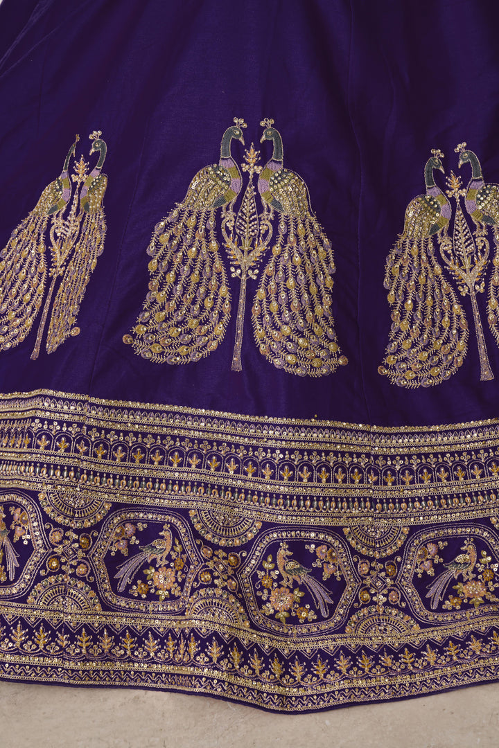 Designer Purple Silk Lehenga Choli with Embroidered Peacock Motifs | SHOBITAM