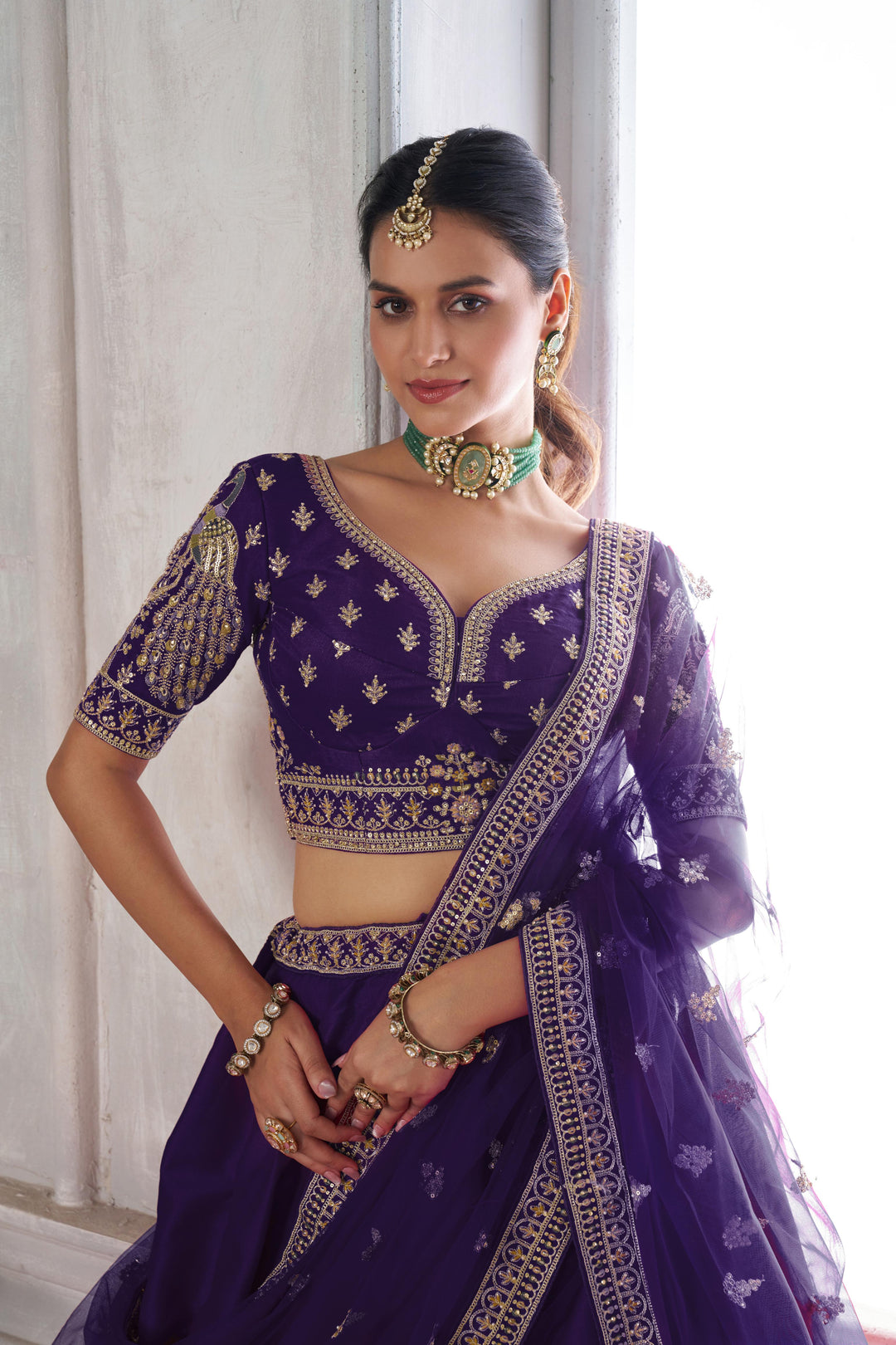 Designer Purple Silk Lehenga Choli with Embroidered Peacock Motifs | SHOBITAM