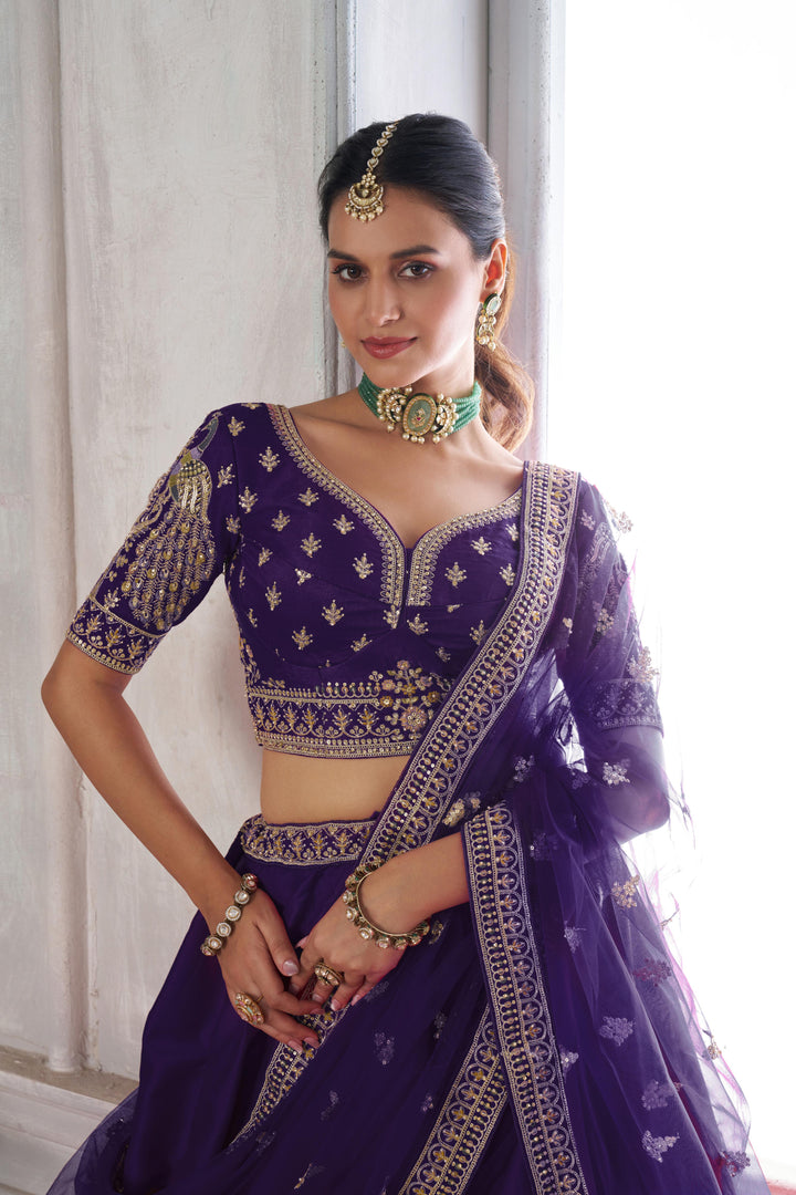 Designer Purple Silk Lehenga Choli with Embroidered Peacock Motifs | SHOBITAM