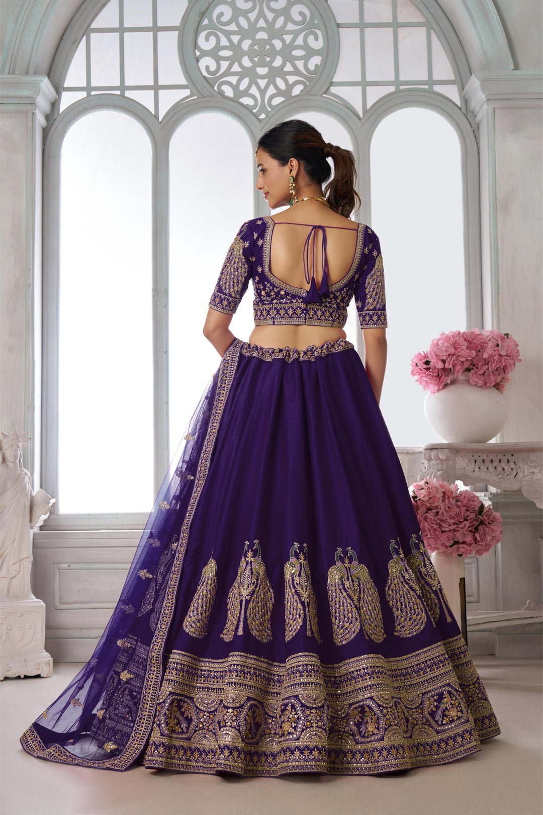 Designer Purple Silk Lehenga Choli with Embroidered Peacock Motifs | SHOBITAM
