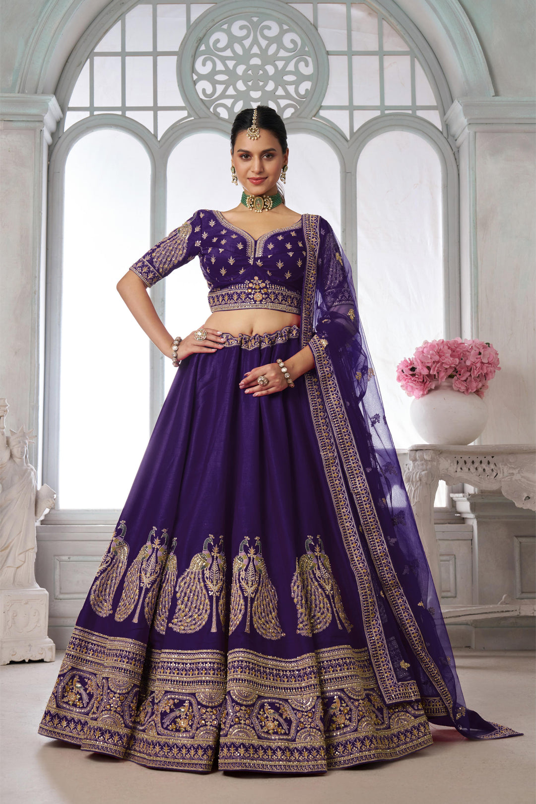 Designer Purple Silk Lehenga Choli with Embroidered Peacock Motifs | SHOBITAM