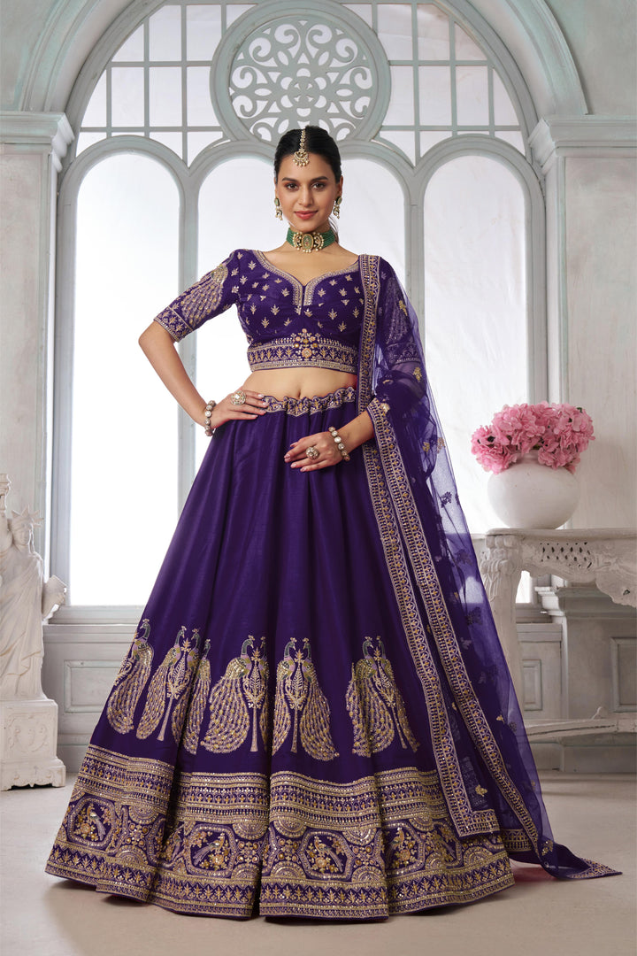 Designer Purple Silk Lehenga Choli with Embroidered Peacock Motifs | SHOBITAM