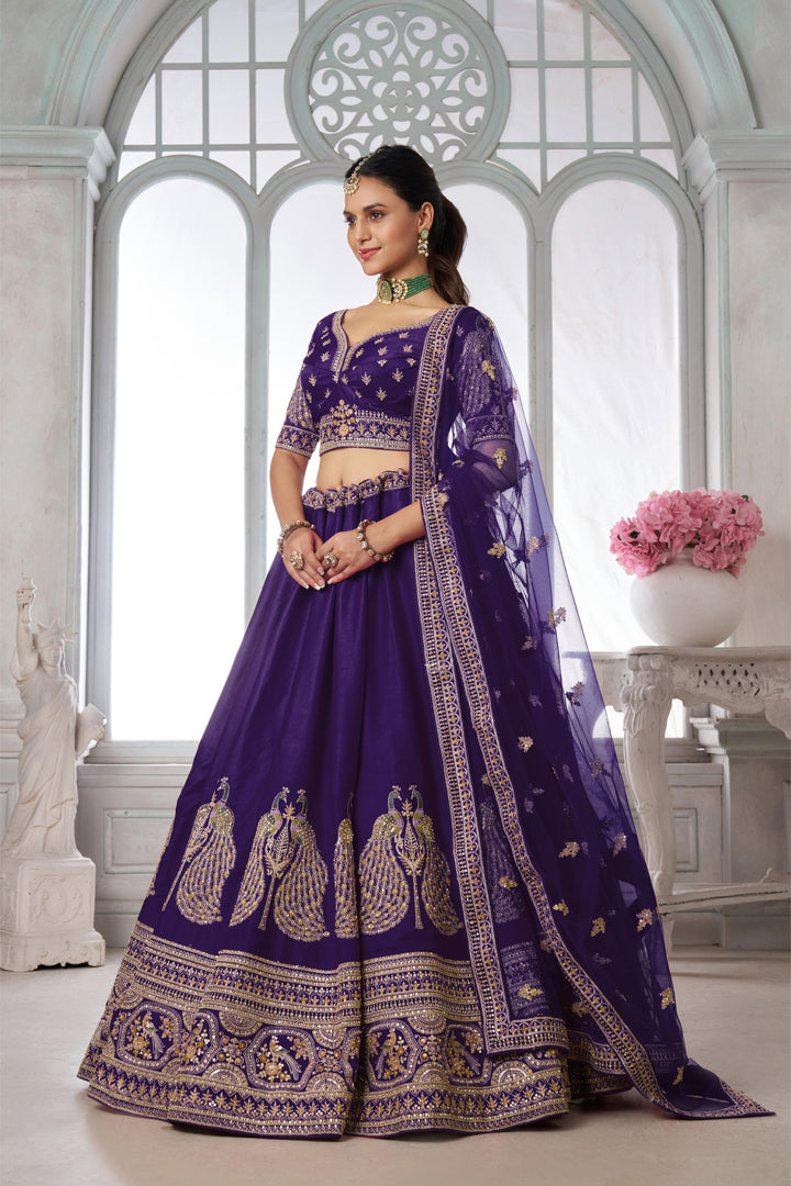 Designer Purple Silk Lehenga Choli with Embroidered Peacock Motifs | SHOBITAM