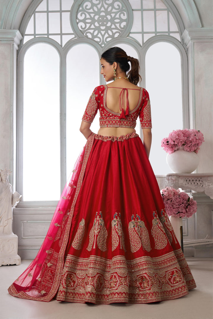 Premium Red Silk Lehenga Set with Peacock-Inspired Craftsmanship | SHOBITAM