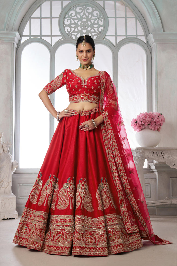 Premium Red Silk Lehenga Set with Peacock-Inspired Craftsmanship | SHOBITAM