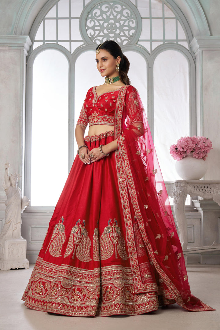 Premium Red Silk Lehenga Set with Peacock-Inspired Craftsmanship | SHOBITAM