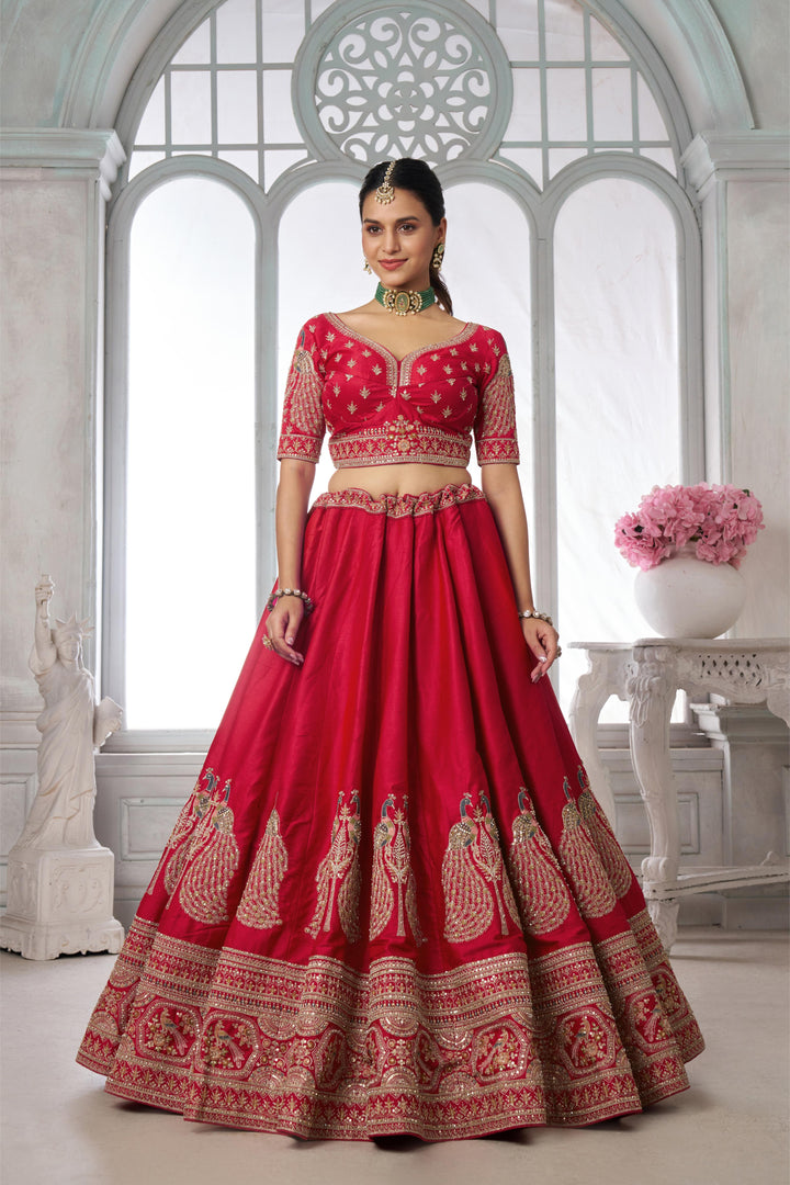 Premium Red Silk Lehenga Set with Peacock-Inspired Craftsmanship | SHOBITAM