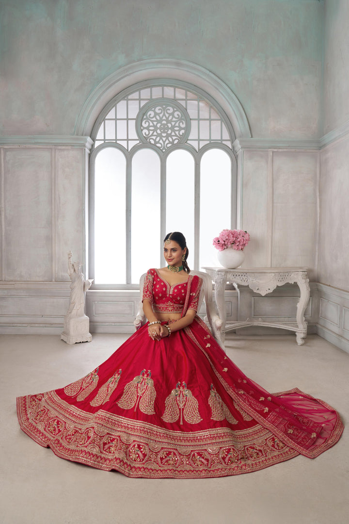 Premium Red Silk Lehenga Set with Peacock-Inspired Craftsmanship | SHOBITAM