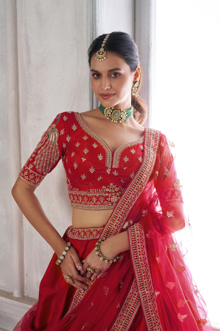 Premium Red Silk Lehenga Set with Peacock-Inspired Craftsmanship | SHOBITAM