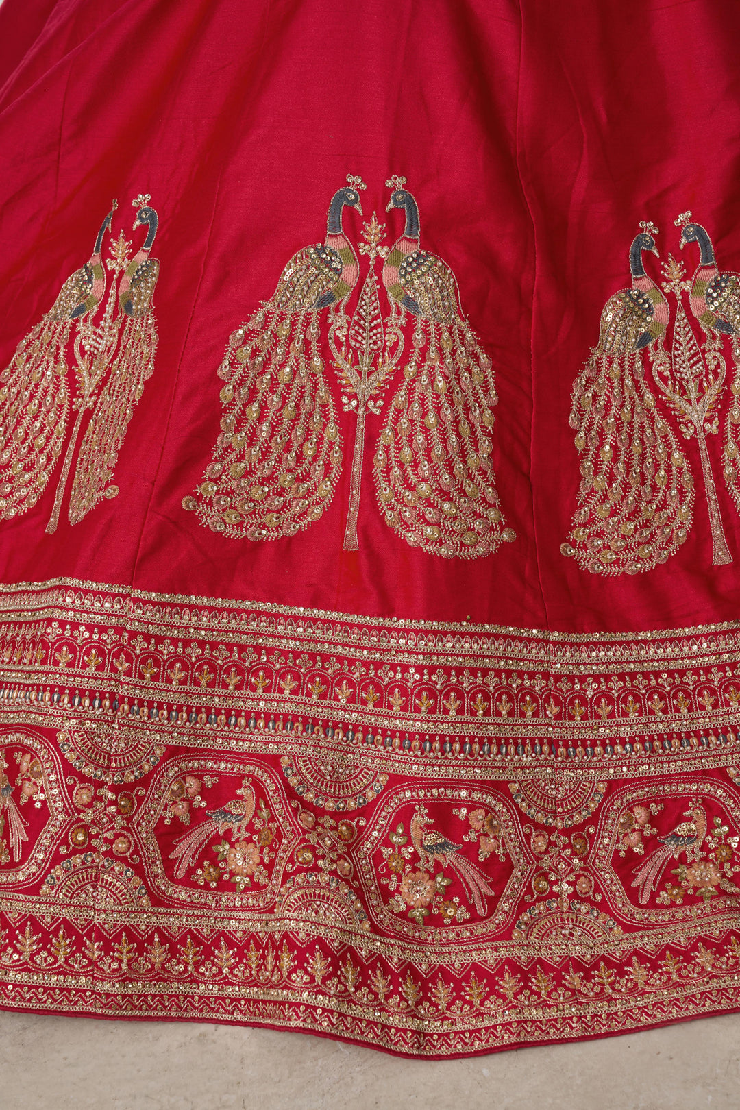 Premium Red Silk Lehenga Set with Peacock-Inspired Craftsmanship | SHOBITAM