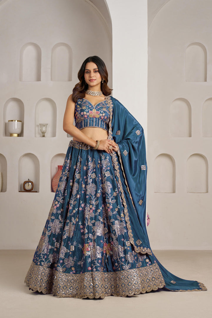 Stunning Sky blue Color Lehenga Choli with Golden Floral Detailing | SHOBITAM