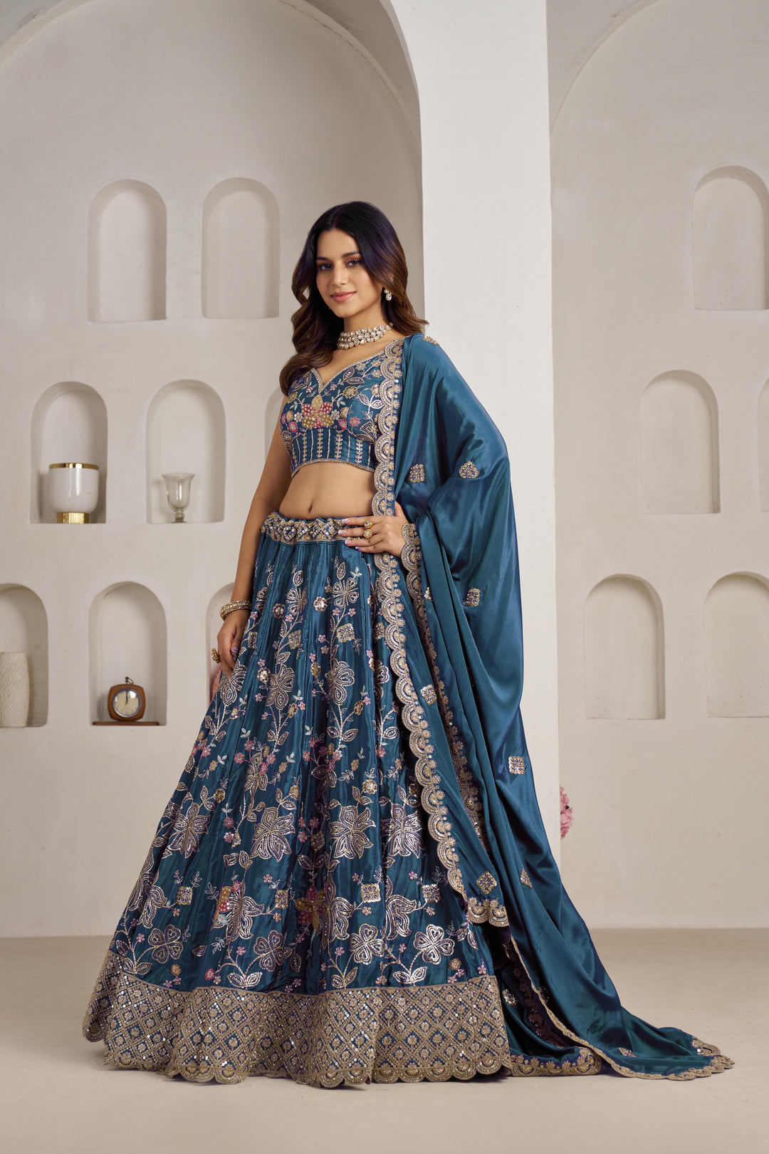 Stunning Sky blue Color Lehenga Choli with Golden Floral Detailing | SHOBITAM