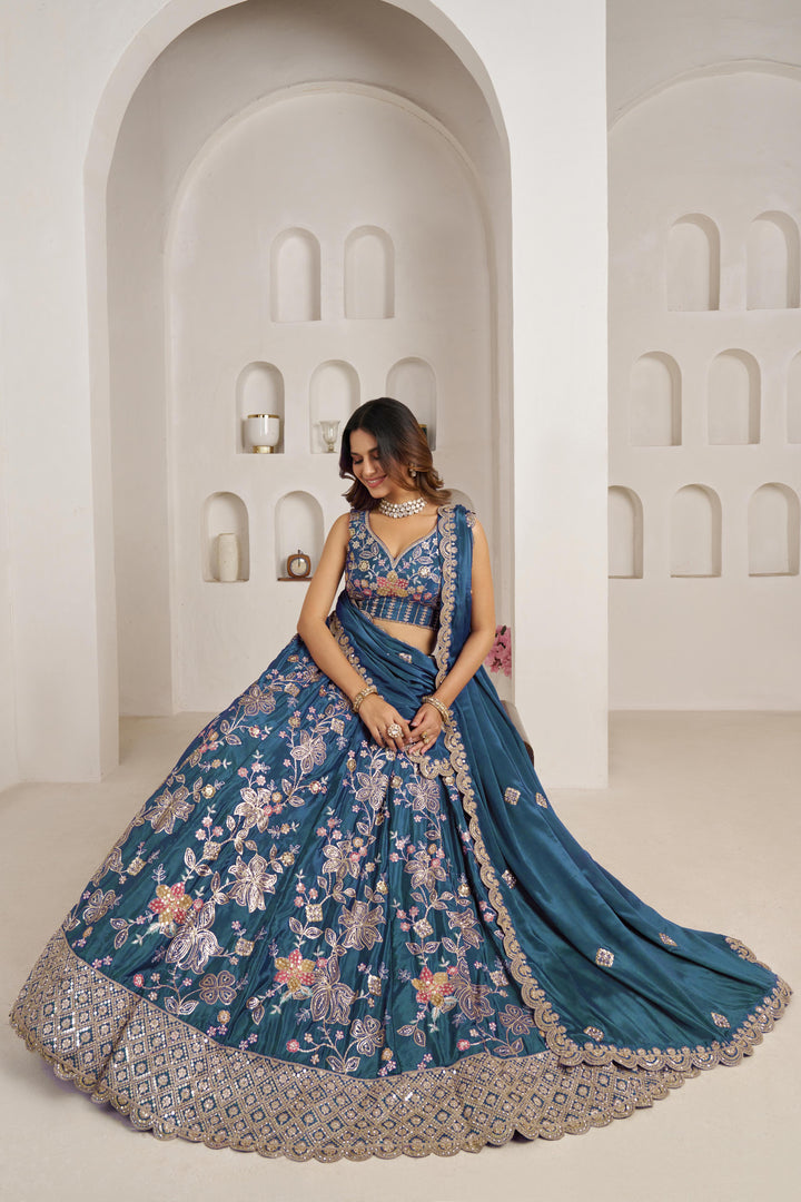 Stunning Sky blue Color Lehenga Choli with Golden Floral Detailing | SHOBITAM