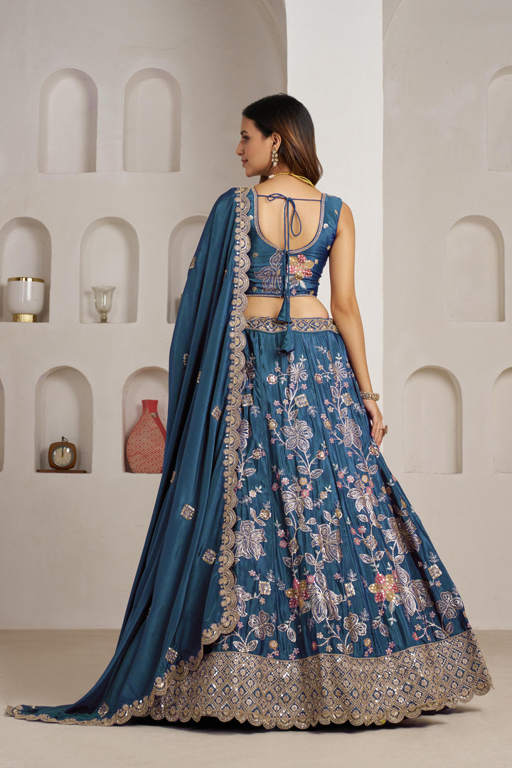Stunning Sky blue Color Lehenga Choli with Golden Floral Detailing | SHOBITAM