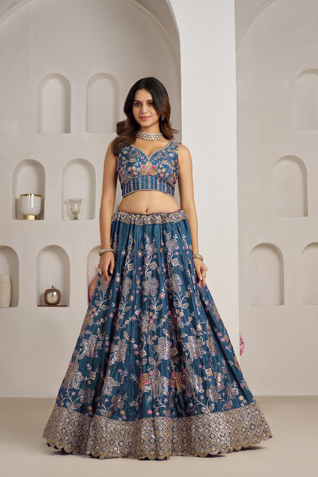 Stunning Sky blue Color Lehenga Choli with Golden Floral Detailing | SHOBITAM