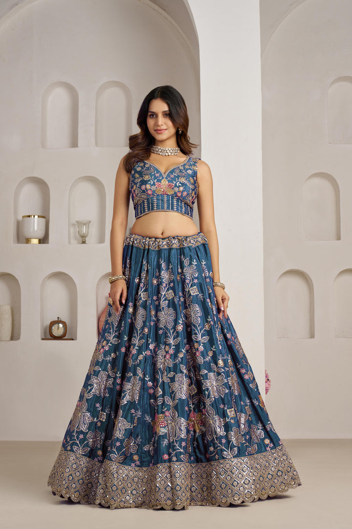 Stunning Sky blue Color Lehenga Choli with Golden Floral Detailing | SHOBITAM