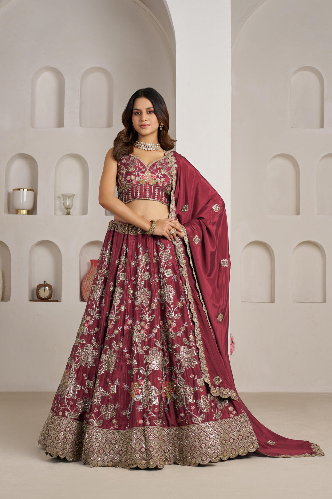 Stylish Maroon Lehenga Choli with Rich Golden Floral Craftsmanship | SHOBITAM