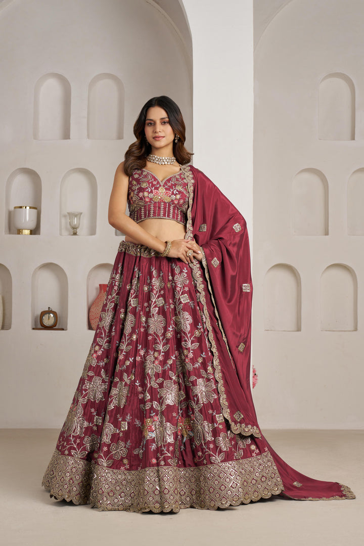 Stylish Maroon Lehenga Choli with Rich Golden Floral Craftsmanship | SHOBITAM