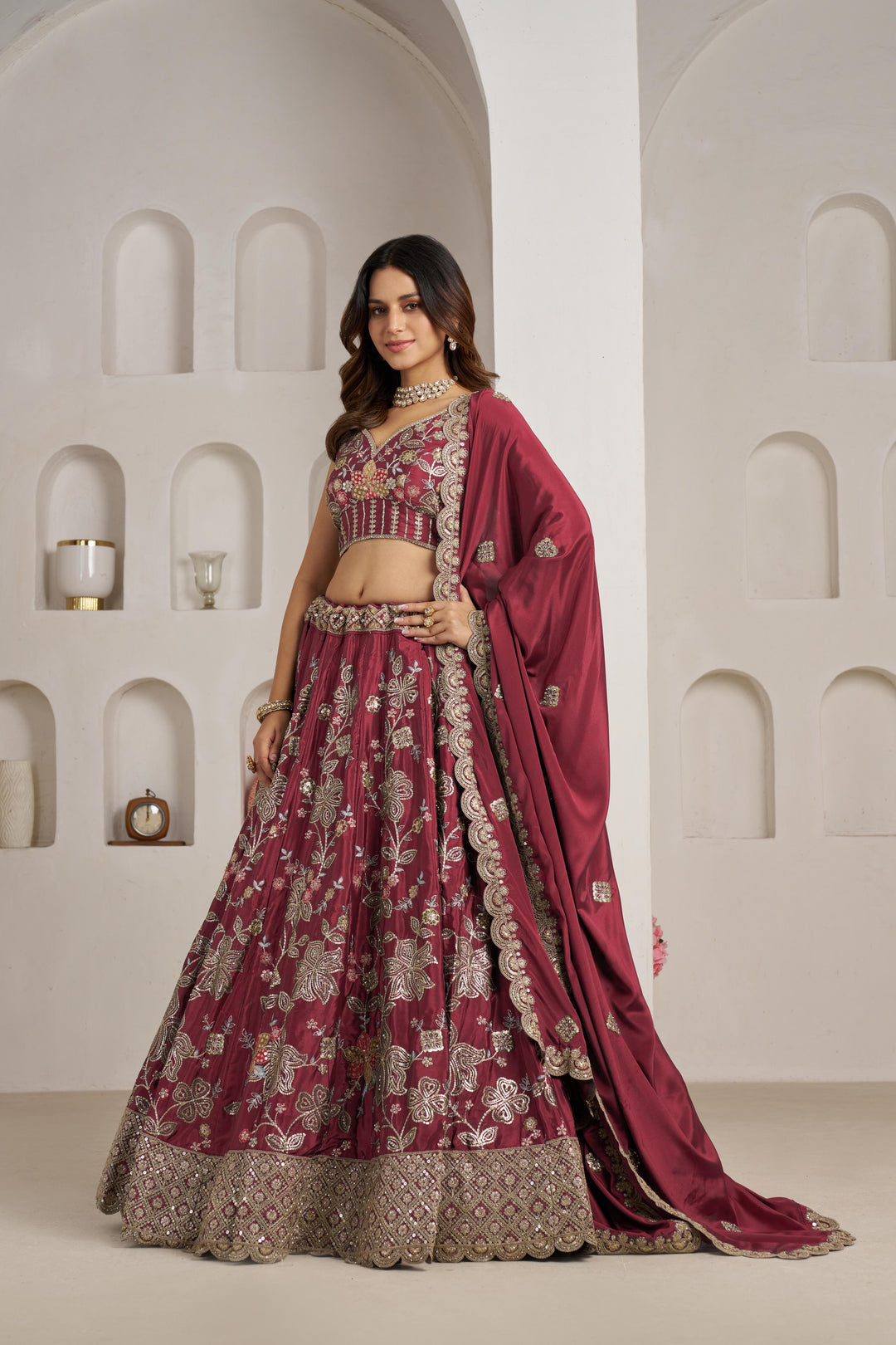 Stylish Maroon Lehenga Choli with Rich Golden Floral Craftsmanship | SHOBITAM
