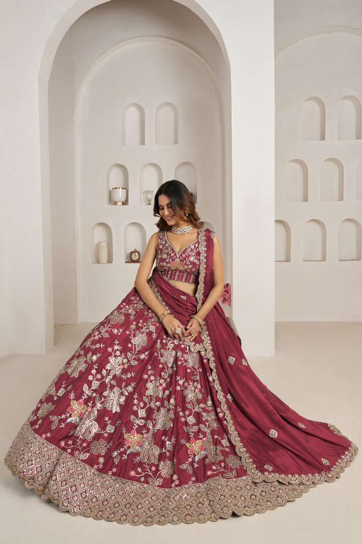 Stylish Maroon Lehenga Choli with Rich Golden Floral Craftsmanship | SHOBITAM