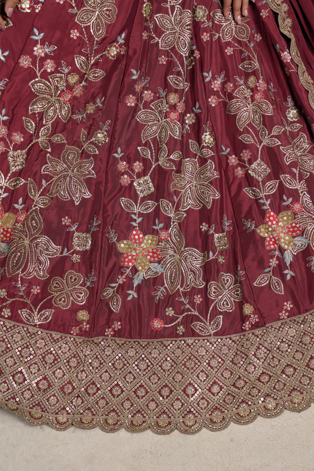 Stylish Maroon Lehenga Choli with Rich Golden Floral Craftsmanship | SHOBITAM