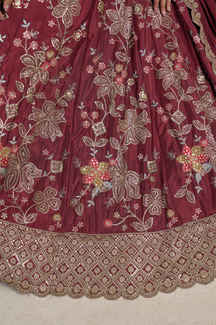 Stylish Maroon Lehenga Choli with Rich Golden Floral Craftsmanship | SHOBITAM